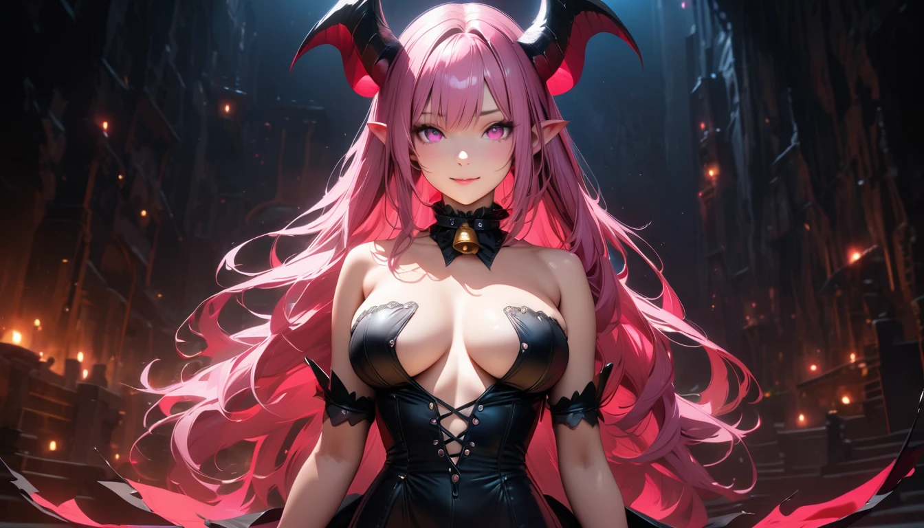 masterpiece, Best quality, 1 girl,photo, Studio photography, realistic:1.2, A high resolution, very detailed, perfect lighting, beautiful detailed eyes,   upper body, Black background, 1 girl, aboutдин, Looking at the viewer,   succubus, pink hair,demon horns, pointed ears, pink eyes, smiling, wing capes with collar, cut off sleeves, big breasts, tie with bell,  purple strapless top, Underworld,night, , dynamic lighting, Colorful scene,Colorful scene lights,、Wide buttocks、Эффект Тиндаллаmasuter piece、top quality、Highest standards、Highest image quality、table、complex parts、A high resolution、depth of field、natural soft light、professional lighting、about, standing, very long hair, cowboy shot, brilliant, brilliant hair, (night:1.2),Dreamy, [[gentle fingers and hands:0.55]::0.85],(detailed fingers),),(emotional),(breathtaking),(main part:1.2) whole body.), (Anime Style), (Super Detailed), (brutal), (uhd, HDR), (8K), (High Resolution: 1.2), (Complex and Beautiful: 1.2)