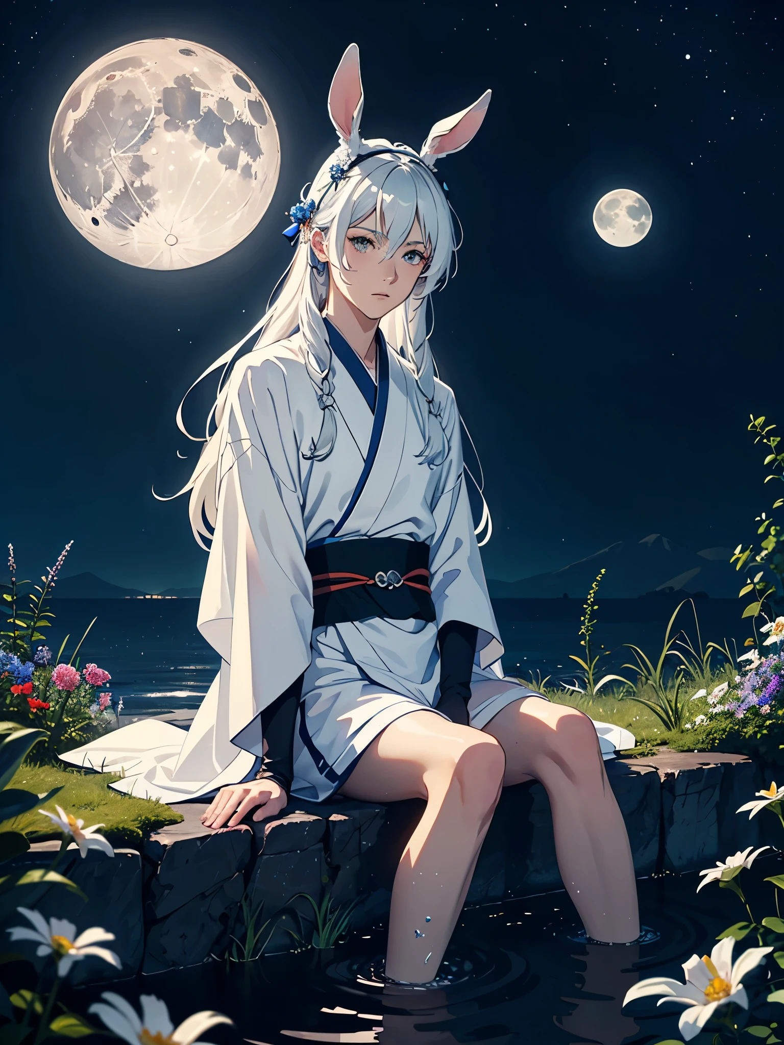 Mit weißen hasen auf dem Arm. Kimono! day lights. More anime. light blue light. Bright bright light. magical. Moon. Sitting on a big white wolf. Lightening flowers. More anime. male. Blue flowers. Long hair. long white hair. aquatic, boy, God of the Moon, silver hair accessories, White hair.
