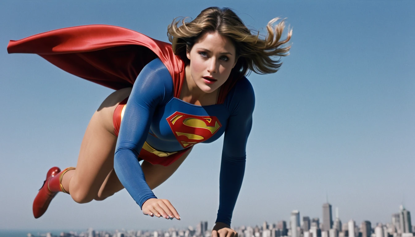 super old Lorraine Bracco em 2024s Supergirl 1984s movie costume; saving the world; posição de levantar vôo; braços esticados para cima; floating towards the sky; HD. Photograph, ((realism)), extremely high quality RAW photograph, ultra detailed photograph, sharp focus, high resolution, (detailed skin:1,3),high quality, film grain, Fujifilm XT3,Highly Detailed, movie, (Cinematic Photo:1.3) of (Realistic:1.3)