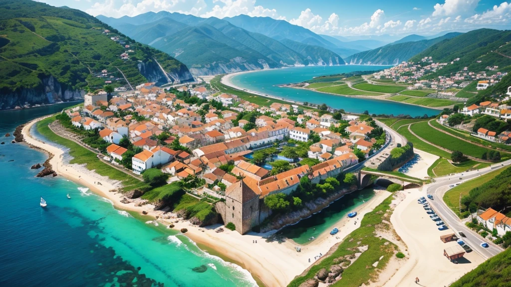 Beautiful scenery of ancient Portuguese village, Aerial view, Photorealistic photos, High definition.