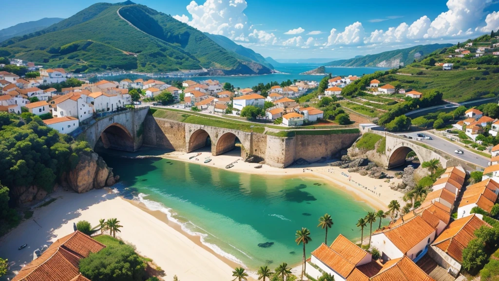 Beautiful scenery of ancient Portuguese village, Aerial view, Photorealistic photos, High definition.