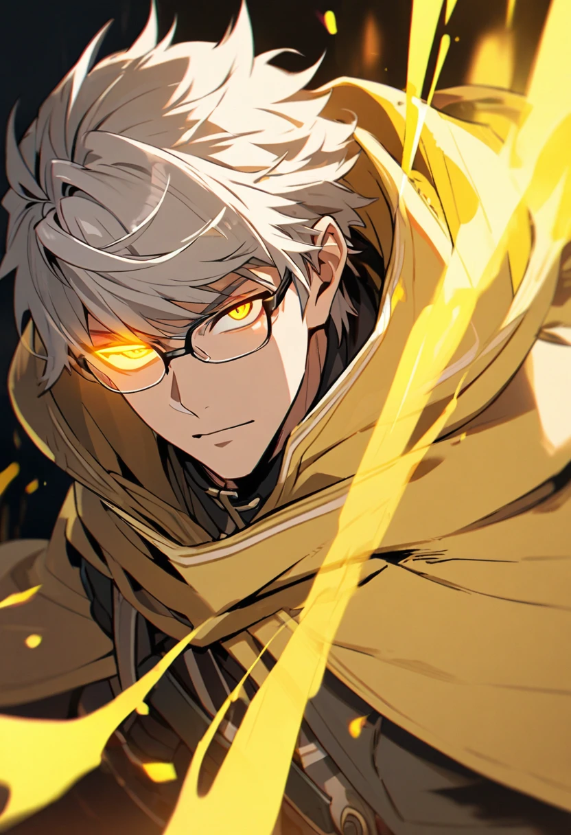 Male, solo, handsome, yellow eyes, glowing eyes, grey hair, yellow cloak, glasses cover 1 eye, yellow aura, holo, cool