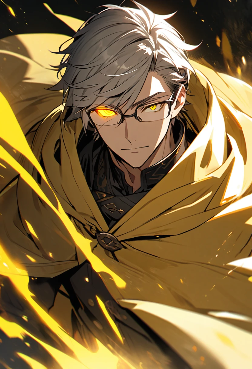 Male, solo, handsome, yellow eyes, glowing eyes, grey hair, yellow cloak, glasses cover 1 eye, yellow aura, holo, cool