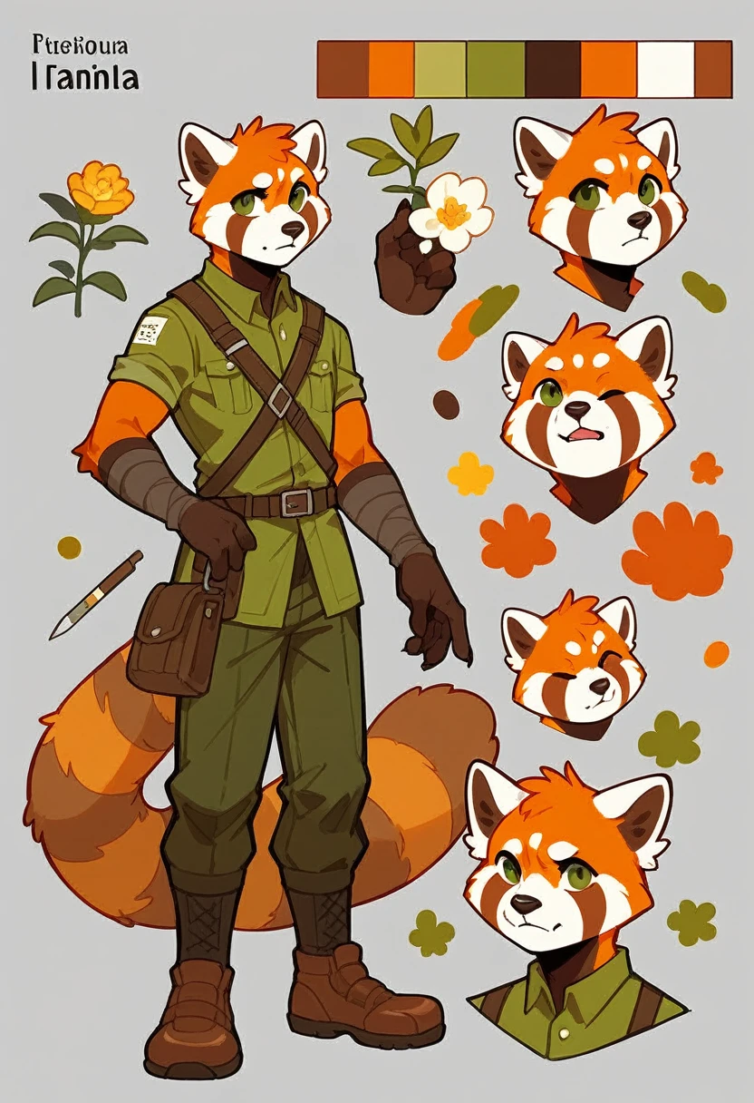 A highly detailed, best quality, RPG style, conceptual art, character sheet, perfect anatomy, anthro furry, red panda