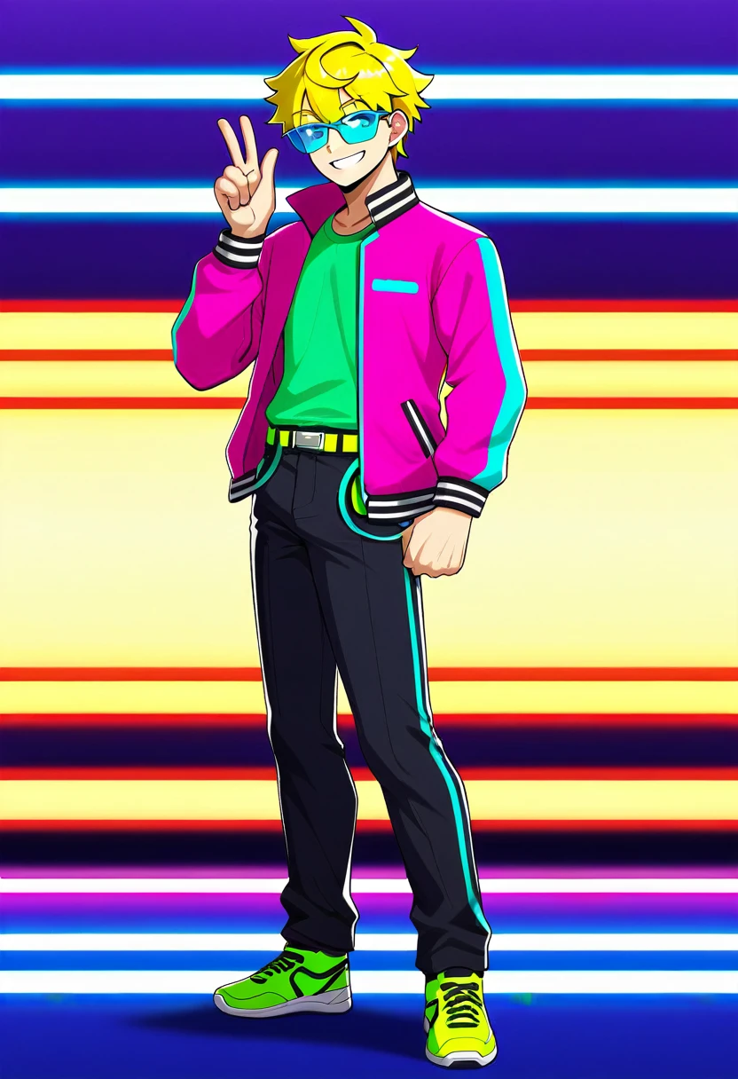 1male, solo, tall athletic man holding pistols in each hand, bright neon clothing, black knee length pants, neon pink jacket, neon green shirt, neon yellow high socks, neon pink tennis shoes, black kneepad on right knee, walkman on waist, fanny pack on waist, blue aviator glasses, blonde hair, blonde anime pompadour, prominent chin, smiling, cheeky smile, full body image