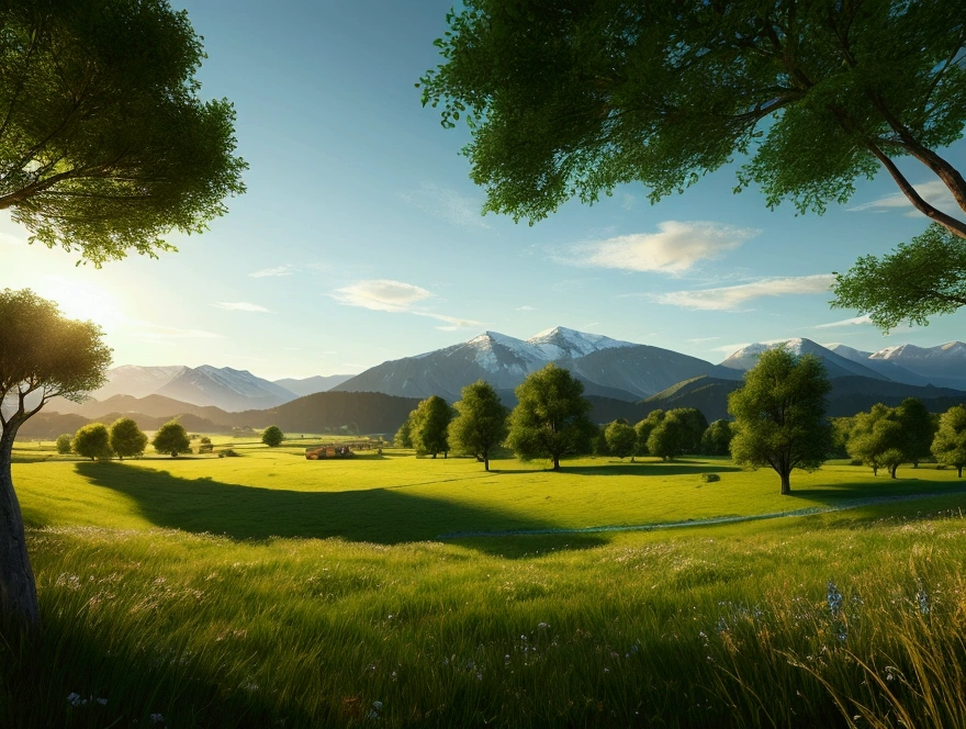 vast green meadows, distant mountains, bright, blue sky, daylight. very detailed and cinematic lighting.