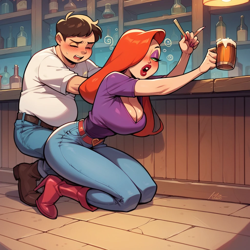 Jessica rabbit is talking to a fat young man in a bar, she is wearing a top and jeans and long boots, he is wearing a shirt and jeans, she is drunk and on her knees.