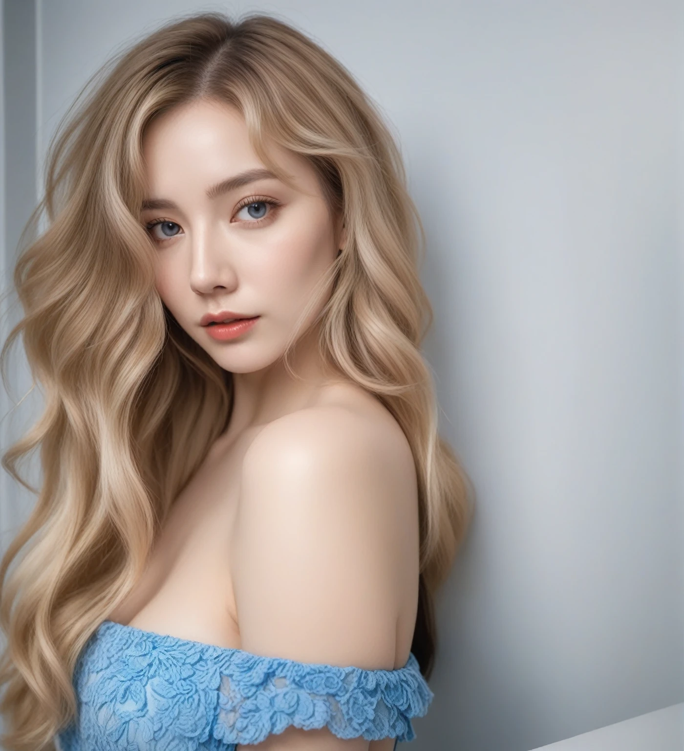 Blonde woman in blue dress posing in front of a white wall., soft portrait 8k, in bowater art style, #1 digital painting of all time, # 1 digital painting of all time, realistic digital painting, photorealistic digital painting, digital art. realistic photo, pale skin curly blonde hair, very pretty model, beautiful digital painting