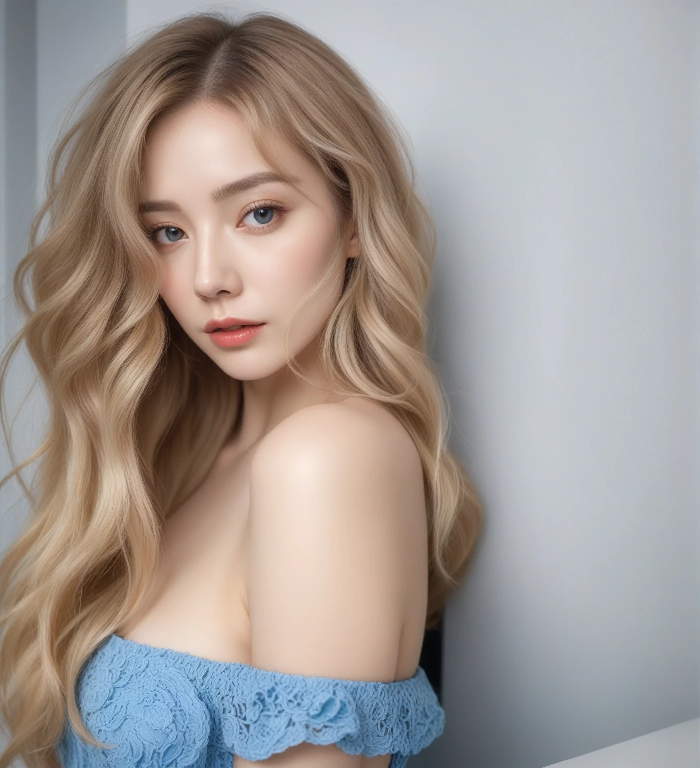 Blonde woman in blue dress posing in front of a white wall., soft portrait 8k, in bowater art style, #1 digital painting of all time, # 1 digital painting of all time, realistic digital painting, photorealistic digital painting, digital art. realistic photo, pale skin curly blonde hair, very pretty model, beautiful digital painting