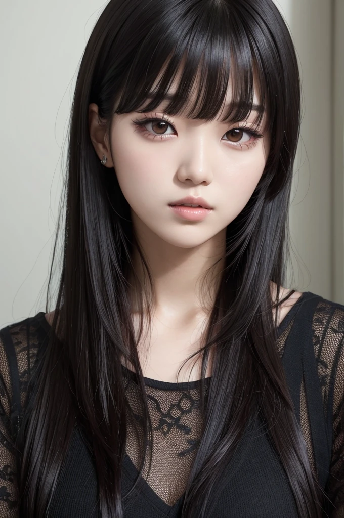 A dark kpop idol with dark straight hair and bangs