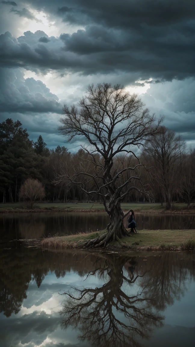 ((Mystical)) atmosphere, girl kneeling beside a pond, ((moody clouds)), ((twisted and gnarly tree)), ((dramatic lighting)), ((reflections in the water)), detailed painting, ((captivating composition)), masterpiece