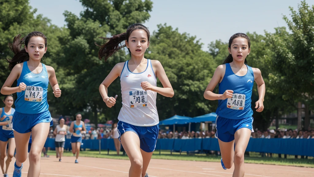 ((Highest quality)), ((masterpiece)), (detailed),Uncle and girl,running,competition,blue sky,Outdoor,Sweating,