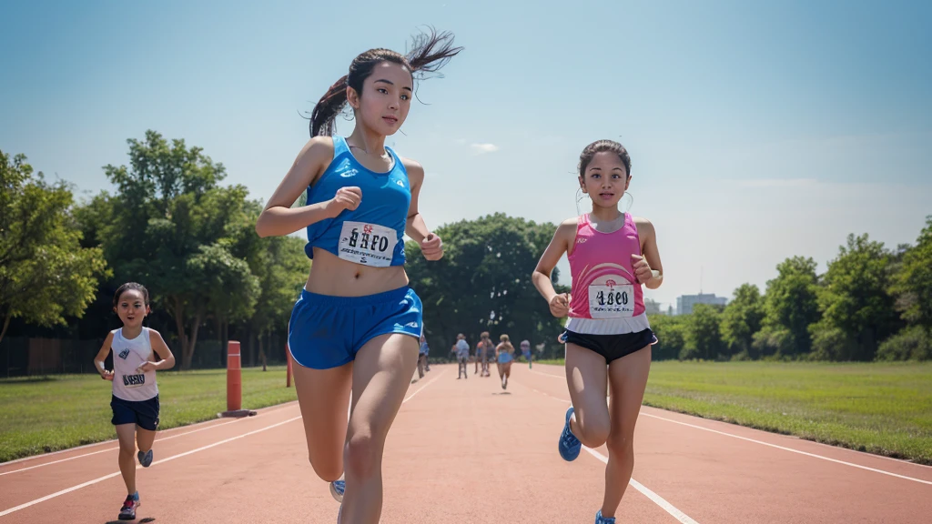 ((Highest quality)), ((masterpiece)), (detailed),Uncle and girl,running,competition,blue sky,Outdoor,Sweating,
