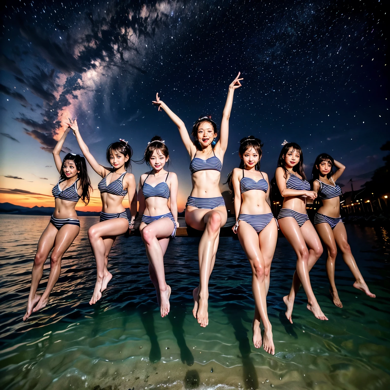 ManoErina, Masterpiece of ProfessionalPhoto ((ExtremelyDetailed (12 PICHIPICHI KAWAII Girls Floating in The Air in a row:1.37) in WHITE at Dusk Enoshima Beach)), {(Standing Full Body:1.2)|(from below:1.2)}, Different types of hair colors, {(skinny(SchoolSwimwear))|(SchoolUniform)with Tiny AthleticShorts}, {Detailed Childish hand|Hidden hand|Armpit|Different types of breasts of various sizes from HUGE to FLAT|(Clearly Visible the shape of Butt)}, Joyful Expressions LifeLike Rendering, PerfectLighting, (Dazzling Horizon Visible through ThighGap), (Starry IridescentParticles:1.22) ColorfulClouds