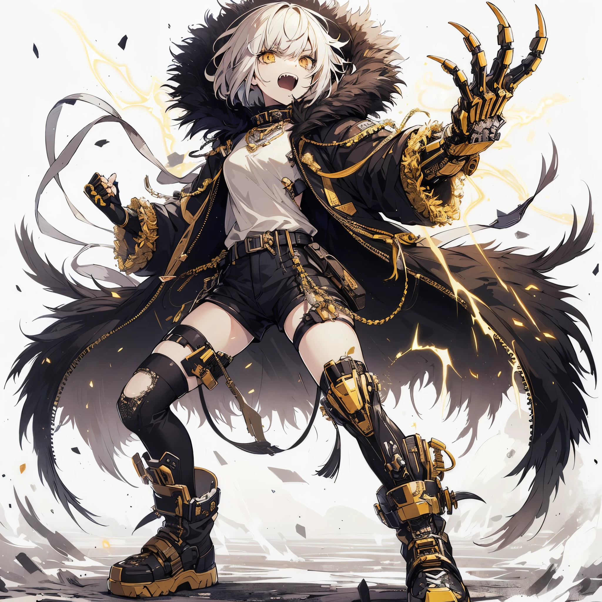 (Masterpiece, top quality), (fine hair), super detailed, anime like illustration style, solo, cyberpunk gang girl, massive, white with yellow mixed with very short hair, gold eyes, right hand converted into a cybernetic claw called the talon of Horus. Left hand is a bare fist, fanged mask, black wrestler costume with gold trim, wolf fur long coat, long boots, supernatural lightning, white background, full body standing, standing on desolate earth.