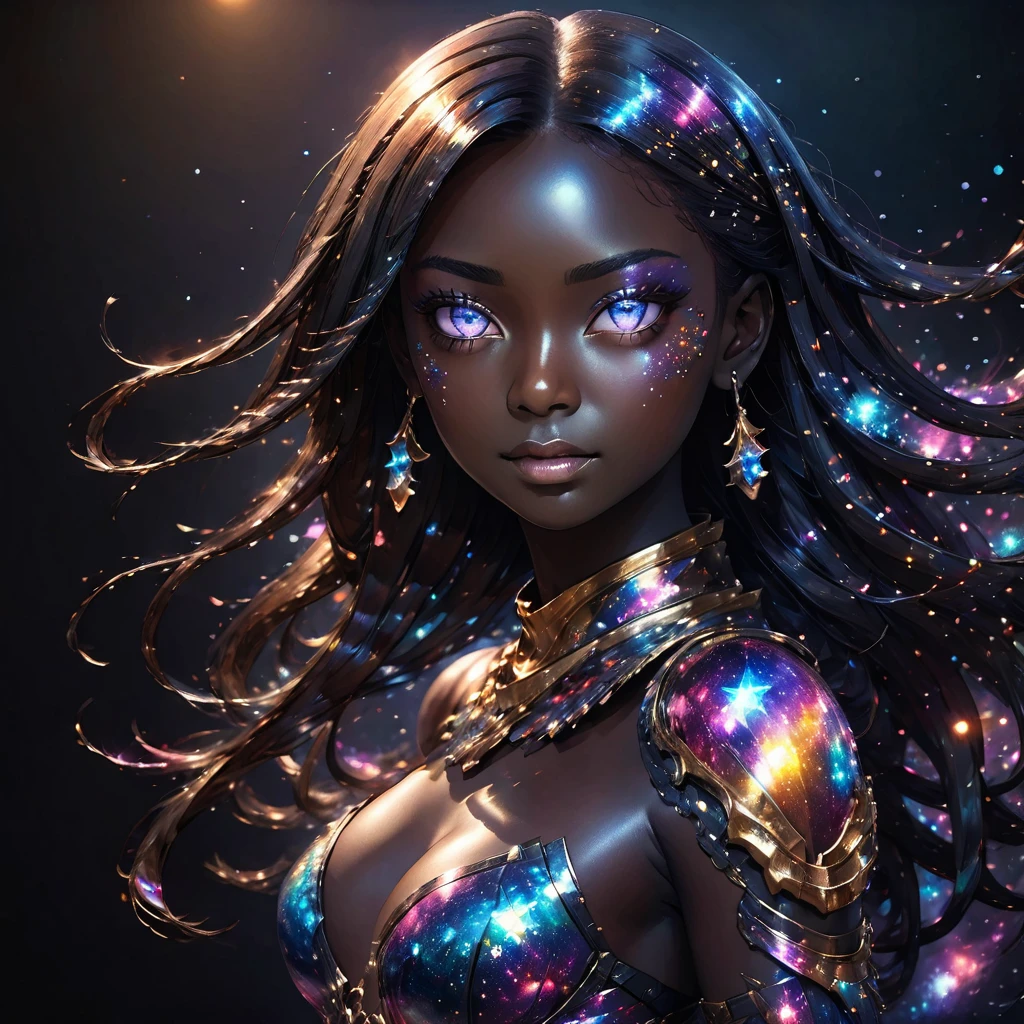 PORTRAIT, a battle angel portrait, beautiful black skin with sparkles and glitter, long long hair, detailed skin, image is compelling with dynamic composition and energetic posing. Include many fantasy details such as bumps, phantasmal iridescence, glitter, galaxy, cosmos, ((dark celestialskin body, void cosmic body)), (((dark background))), (((lights off))), (((hollywood dark))), horror, dramatic shadows, (in a dark fantasy space:1.3, glitter, sparkle, gleam) vector digital illustration, (black background:1.5)sharp