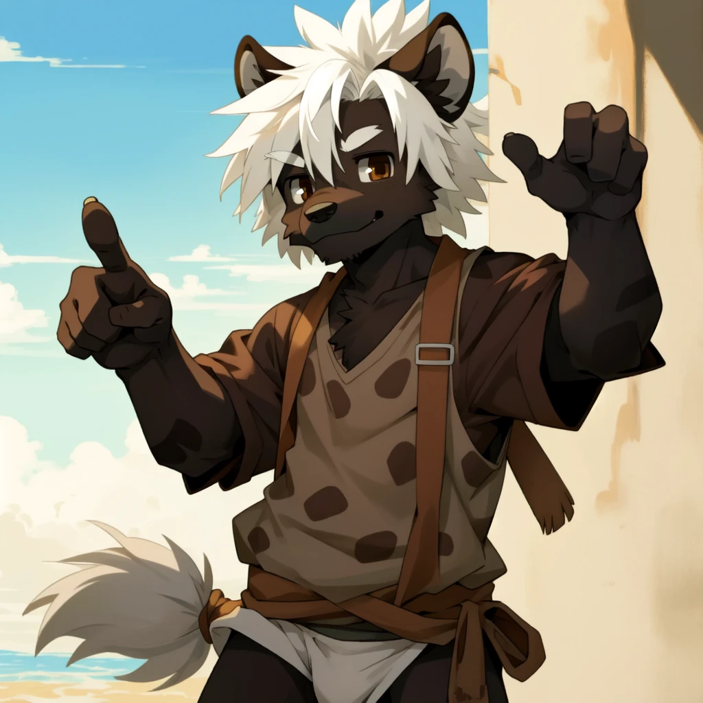 male, anthropology, hairy, hyena, White hair, Brown eyes, No underwear, Hi gesture, Easy masterpiece,Solitary,Cartoon Character,child