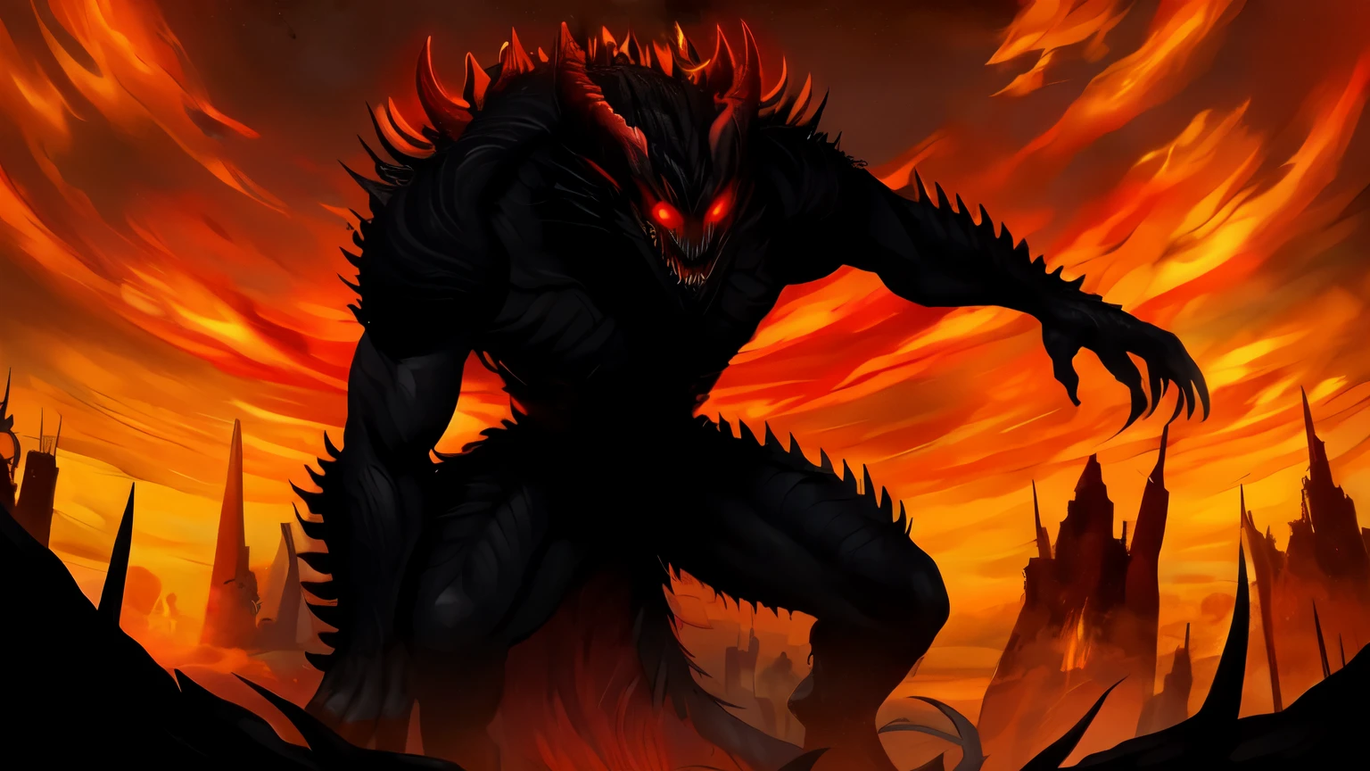 ((best quality)), ((masterpiece)), (detailed), A silhouette of a giant monster made up of writhing worms, with sharp teeth and glowing red eyes.