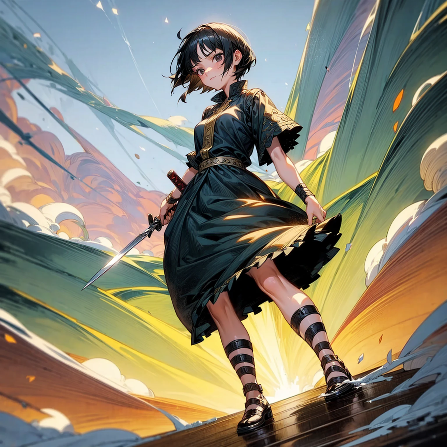 1girl, Full body version, 1character, girl version, black eyes color, short haircut, black colour hair, Ancient Roman style clothing, long skirt, ling boots, small armor body, Grassroots, background in snow, motion blur, (one piece style art), snow, knife in hand, standing gesture, fire, lighting knife, smoke effect, aura effect, lighting moon, Moonlight, fire aura, snow, blue lightning, Silhouette, knife light silhouette, moon 
