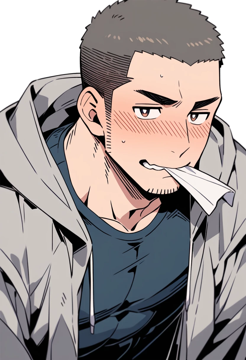 anime characters:Priapus, Muscle Sports Student, Buzz Cut, Manliness, male focus, Sports tight hooded sweatshirt, Very tight, full and perky chest muscles, muscular male, muscular, only, Upper body, alone, Black short hair, Thick eyebrows, stubble, Brown-red pupils, White background, simple background, amazing quality, best aesthetics, Ridiculous, crew cut, blush, Biting a pair of white panties, embarrassed, shy, endured face, negative space, best quality