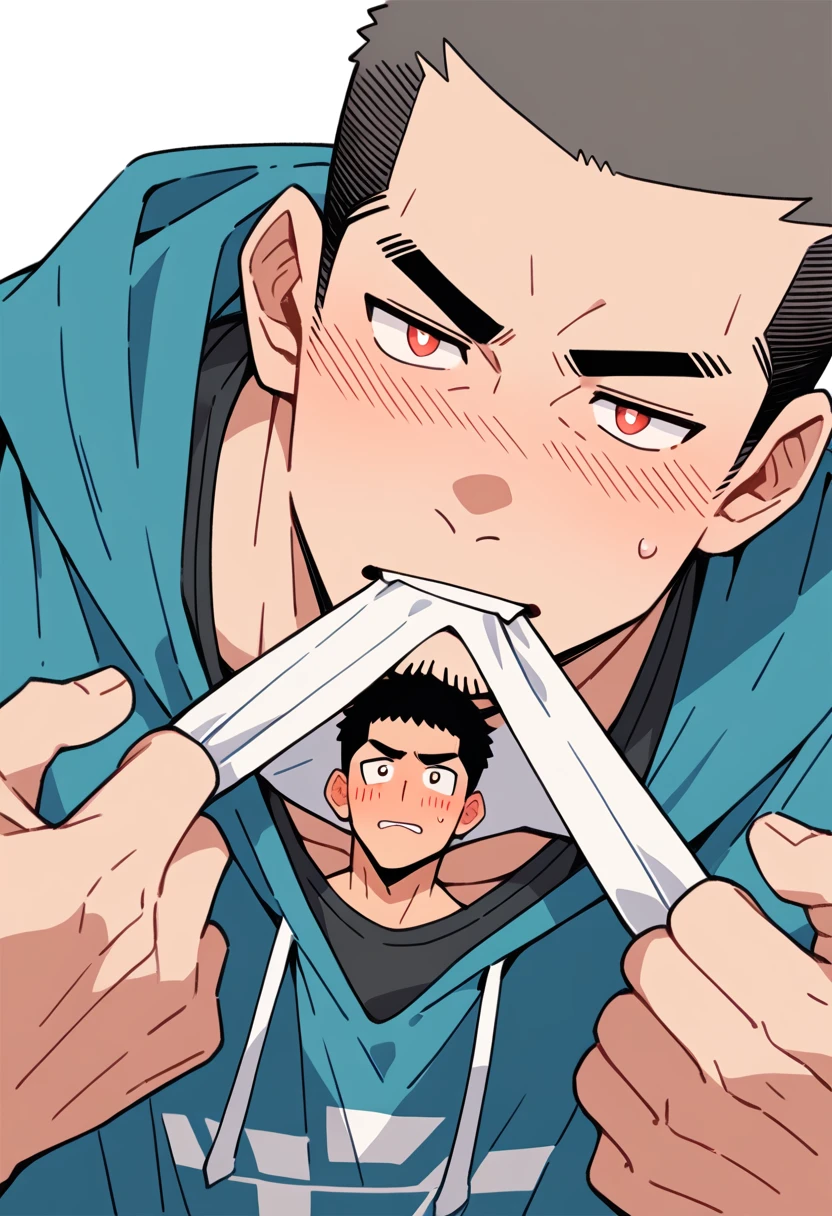 anime characters:Priapus, Muscle Sports Student, Buzz Cut, Manliness, male focus, Sports tight hooded sweatshirt, Very tight, full and perky chest muscles, muscular male, muscular, only, Upper body, alone, Black short hair, Thick eyebrows, stubble, Brown-red pupils, White background, simple background, amazing quality, best aesthetics, Ridiculous, crew cut, blush, Biting a pair of white panties, embarrassed, shy, endured face, negative space, best quality