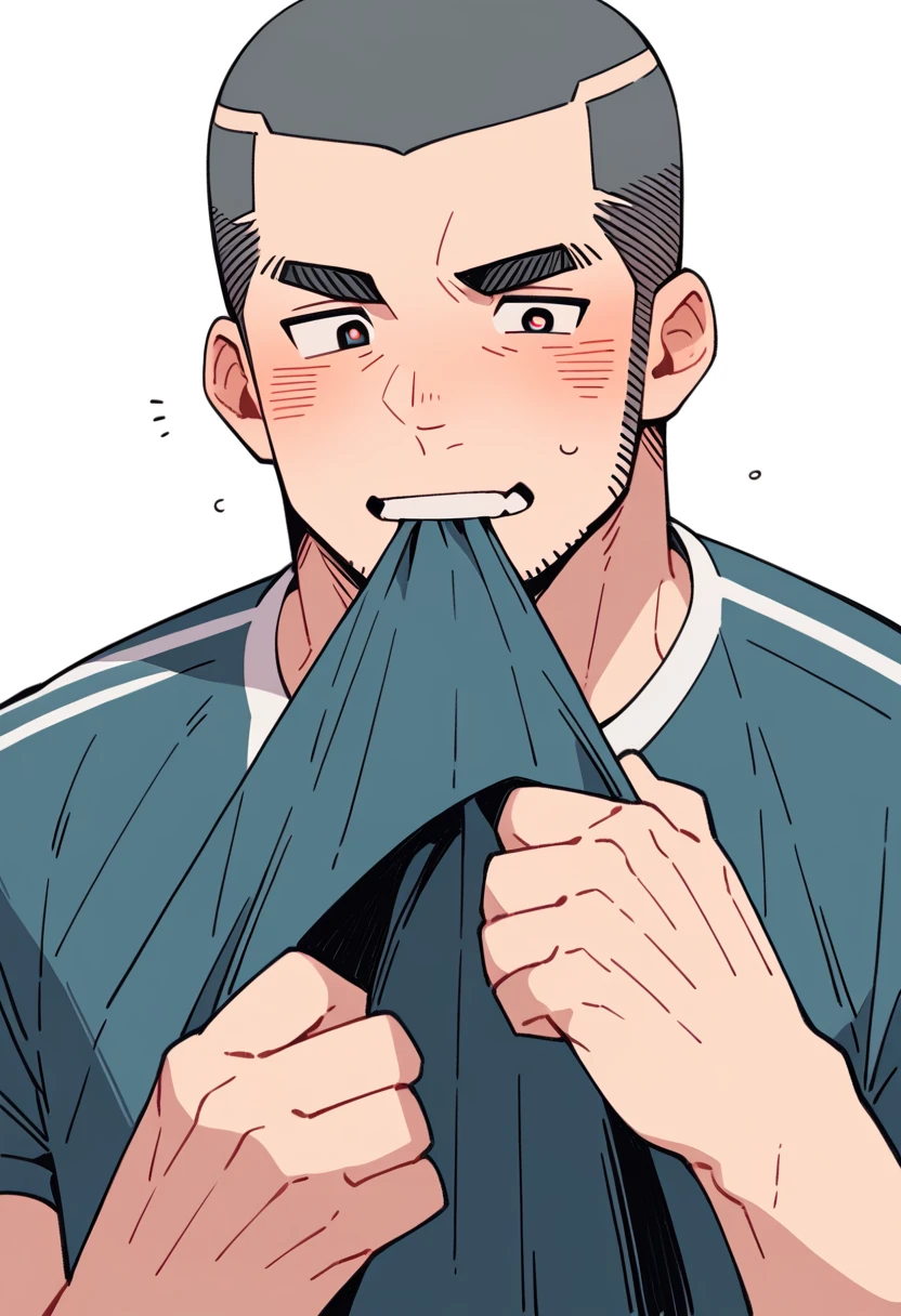 anime characters:Priapus, Muscle Sports Student, Buzz Cut, Manliness, male focus, Sports tight hooded sweatshirt, Very tight, full and perky chest muscles, muscular male, muscular, only, Upper body, alone, Black short hair, Thick eyebrows, stubble, Brown-red pupils, White background, simple background, amazing quality, best aesthetics, Ridiculous, crew cut, blush, Biting a pair of white panties, embarrassed, shy, endured face, negative space, best quality