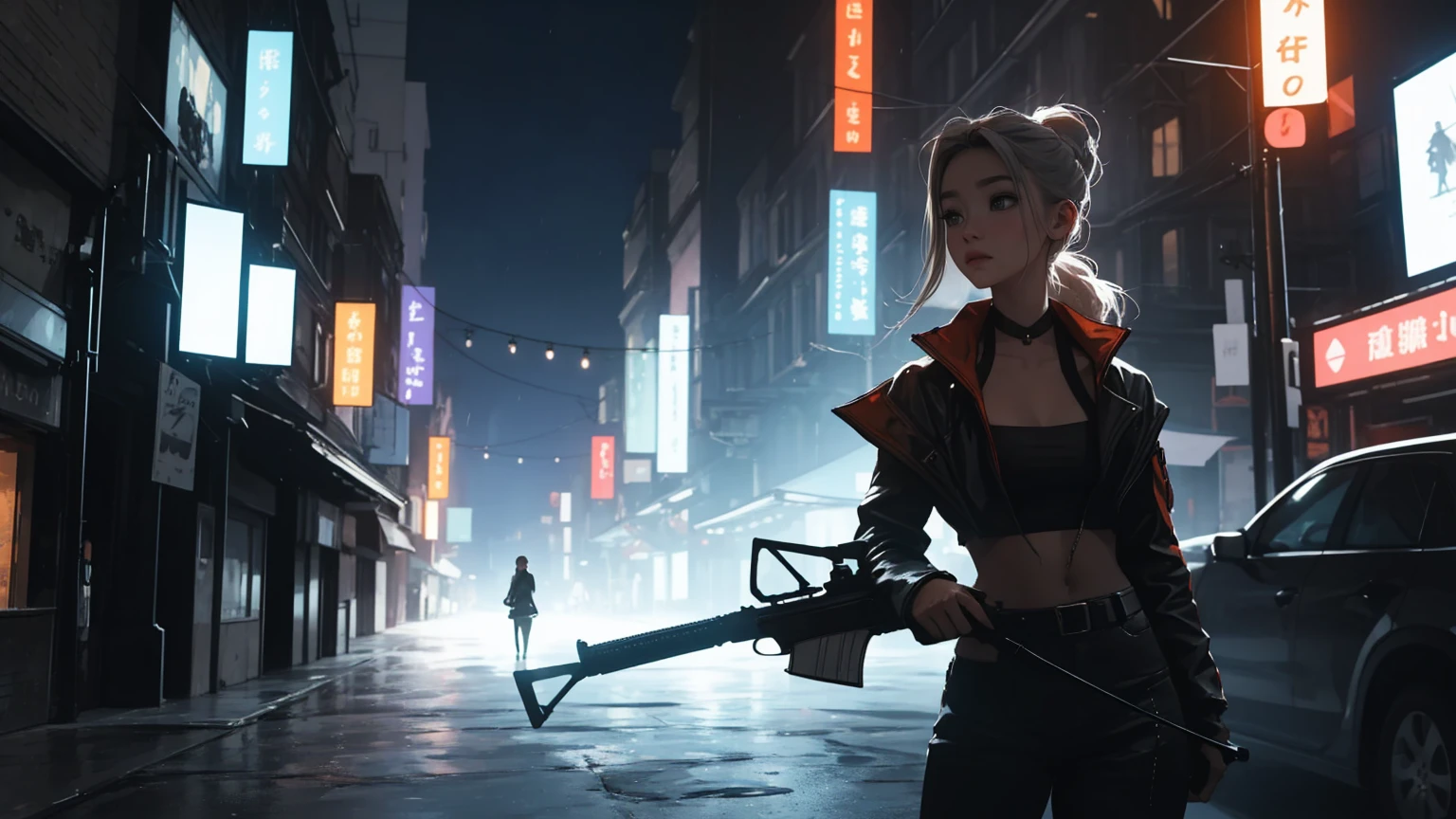 (beste-Qualit)),Cyborg girl in cyborg style，grey hair，Long ponytail hairstyle，(((upper body, a woman stands in a city, dark sky, high buildings, storm, aiming with rifle))), beautiful eyes, beautiful girl, highly detailed skin, highly detailed eyes, Highly detailed hair, highres, extremely detail, Sharpen image, muito detalhado, ​masterpiece, best quality, photorealestic, 1 girl, shorth hair, cyberpunk, jacket, armor, gloves, belt, lederhosen, glowing, Size, tube top, Decollete, holding pistol, rifle,、PBR-Textur、Aftercare、Anisotropy filtering、deep champaximum definition and sharpnesulti-channel textures、Albedo and specular maps、Surface coloring、Precise simulation of the interaction between light and matter、proporções perfeitas、I make octane、two-tone light、big opening、Low ISO、White balance、the rule of thirds、8K RAW、. She is in a dynamic, action-oriented pose, holding dual daggers with an ethereal glow. The background should be a dark, mystical forest or an ancient, ruined temple, with a moonlit sky casting an eerie glow. The overall style should reflect the detailed, fantasy-rich art of Lineage 2, with vibrant colors, dramatic lighting, and a sense of magical realism.、permission 8k、complex parts、Toned waist、Wide buttocks、Эффект Тиндаллаmasuter piece、top quality、Highest standards、Highest image quality、table、complex parts、A high resolution、depth of field、natural soft light、professional lighting、about, standing, very long hair, cowboy shot, brilliant, brilliant hair, (night:1.2),Dreamy, [[gentle fingers and hands:0.55]::0.85],(detailed fingers),),(emotional),(breathtaking),(main part:1.2) whole body.), (Anime Style), (Super Detailed), (brutal), (uhd, HDR), (8K), (High Resolution: 1.2), (Complex and Beautiful: 1.2)