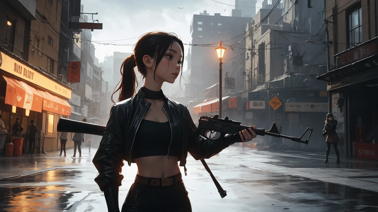 (beste-Qualit)),Cyborg girl in cyborg style，grey hair，Long ponytail hairstyle，(((upper body, a woman stands in a city, dark sky, high buildings, storm, aiming with rifle))), beautiful eyes, beautiful girl, highly detailed skin, highly detailed eyes, Highly detailed hair, highres, extremely detail, Sharpen image, muito detalhado, ​masterpiece, best quality, photorealestic, 1 girl, shorth hair, cyberpunk, jacket, armor, gloves, belt, lederhosen, glowing, Size, tube top, Decollete, holding pistol, rifle,、PBR-Textur、Aftercare、Anisotropy filtering、deep champaximum definition and sharpnesulti-channel textures、Albedo and specular maps、Surface coloring、Precise simulation of the interaction between light and matter、proporções perfeitas、I make octane、two-tone light、big opening、Low ISO、White balance、the rule of thirds、8K RAW、. She is in a dynamic, action-oriented pose, holding dual daggers with an ethereal glow. The background should be a dark, mystical forest or an ancient, ruined temple, with a moonlit sky casting an eerie glow. The overall style should reflect the detailed, fantasy-rich art of Lineage 2, with vibrant colors, dramatic lighting, and a sense of magical realism.、permission 8k、complex parts、Toned waist、Wide buttocks、Эффект Тиндаллаmasuter piece、top quality、Highest standards、Highest image quality、table、complex parts、A high resolution、depth of field、natural soft light、professional lighting、about, standing, very long hair, cowboy shot, brilliant, brilliant hair, (night:1.2),Dreamy, [[gentle fingers and hands:0.55]::0.85],(detailed fingers),),(emotional),(breathtaking),(main part:1.2) whole body.), (Anime Style), (Super Detailed), (brutal), (uhd, HDR), (8K), (High Resolution: 1.2), (Complex and Beautiful: 1.2)
