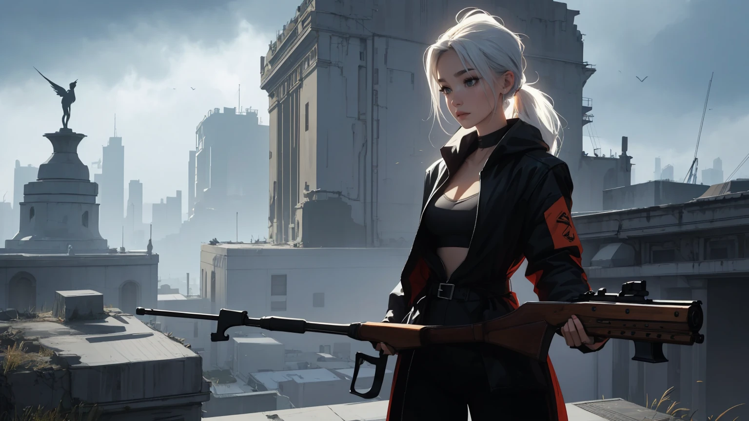 (beste-Qualit)),Cyborg girl in cyborg style，grey hair，Long ponytail hairstyle，(((upper body, a woman stands in a city, dark sky, high buildings, storm, aiming with rifle))), beautiful eyes, beautiful girl, highly detailed skin, highly detailed eyes, Highly detailed hair, highres, extremely detail, Sharpen image, muito detalhado, ​masterpiece, best quality, photorealestic, 1 girl, shorth hair, cyberpunk, jacket, armor, gloves, belt, lederhosen, glowing, Size, tube top, Decollete, holding pistol, rifle,、PBR-Textur、Aftercare、Anisotropy filtering、deep champaximum definition and sharpnesulti-channel textures、Albedo and specular maps、Surface coloring、Precise simulation of the interaction between light and matter、proporções perfeitas、I make octane、two-tone light、big opening、Low ISO、White balance、the rule of thirds、8K RAW、. She is in a dynamic, action-oriented pose, holding dual daggers with an ethereal glow. The background should be a dark, mystical forest or an ancient, ruined temple, with a moonlit sky casting an eerie glow. The overall style should reflect the detailed, fantasy-rich art of Lineage 2, with vibrant colors, dramatic lighting, and a sense of magical realism.、permission 8k、complex parts、Toned waist、Wide buttocks、Эффект Тиндаллаmasuter piece、top quality、Highest standards、Highest image quality、table、complex parts、A high resolution、depth of field、natural soft light、professional lighting、about, standing, very long hair, cowboy shot, brilliant, brilliant hair, (night:1.2),Dreamy, [[gentle fingers and hands:0.55]::0.85],(detailed fingers),),(emotional),(breathtaking),(main part:1.2) whole body.), (Anime Style), (Super Detailed), (brutal), (uhd, HDR), (8K), (High Resolution: 1.2), (Complex and Beautiful: 1.2)