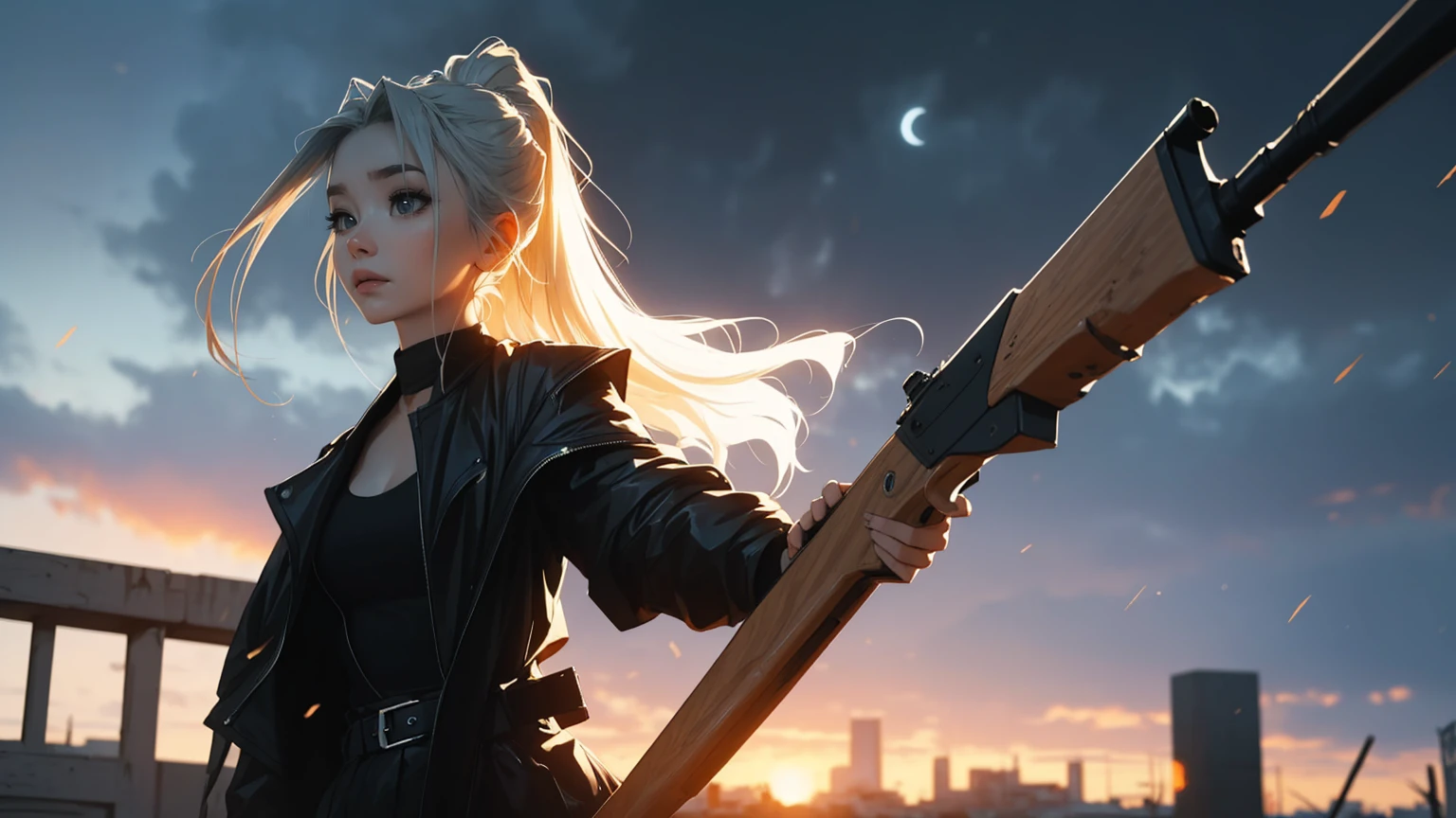 (beste-Qualit)),Cyborg girl in cyborg style，grey hair，Long ponytail hairstyle，(((upper body, a woman stands in a city, dark sky, high buildings, storm, aiming with rifle))), beautiful eyes, beautiful girl, highly detailed skin, highly detailed eyes, Highly detailed hair, highres, extremely detail, Sharpen image, muito detalhado, ​masterpiece, best quality, photorealestic, 1 girl, shorth hair, cyberpunk, jacket, armor, gloves, belt, lederhosen, glowing, Size, tube top, Decollete, holding pistol, rifle,、PBR-Textur、Aftercare、Anisotropy filtering、deep champaximum definition and sharpnesulti-channel textures、Albedo and specular maps、Surface coloring、Precise simulation of the interaction between light and matter、proporções perfeitas、I make octane、two-tone light、big opening、Low ISO、White balance、the rule of thirds、8K RAW、. She is in a dynamic, action-oriented pose, holding dual daggers with an ethereal glow. The background should be a dark, mystical forest or an ancient, ruined temple, with a moonlit sky casting an eerie glow. The overall style should reflect the detailed, fantasy-rich art of Lineage 2, with vibrant colors, dramatic lighting, and a sense of magical realism.、permission 8k、complex parts、Toned waist、Wide buttocks、Эффект Тиндаллаmasuter piece、top quality、Highest standards、Highest image quality、table、complex parts、A high resolution、depth of field、natural soft light、professional lighting、about, standing, very long hair, cowboy shot, brilliant, brilliant hair, (night:1.2),Dreamy, [[gentle fingers and hands:0.55]::0.85],(detailed fingers),),(emotional),(breathtaking),(main part:1.2) whole body.), (Anime Style), (Super Detailed), (brutal), (uhd, HDR), (8K), (High Resolution: 1.2), (Complex and Beautiful: 1.2)
