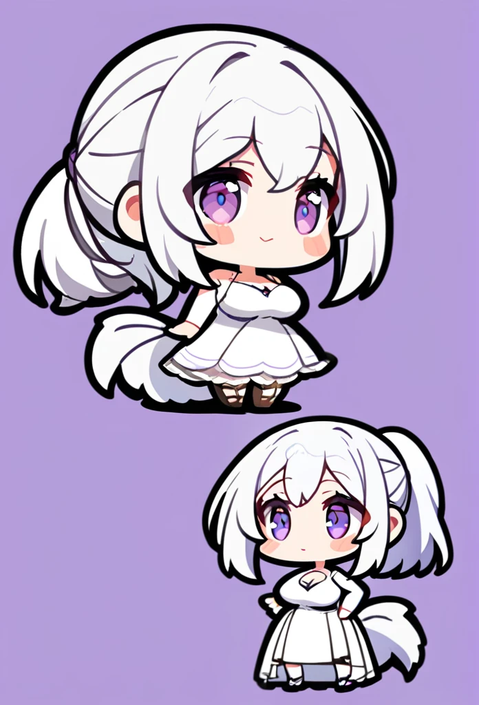 1girl, long white hair, pony tail , violet eyes, , big breasts, simole white dress with decolletage, chibi style, simple background