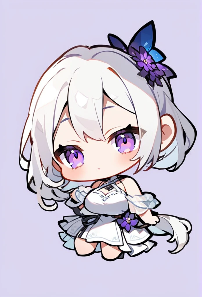 1girl, long white hair, pony tail , violet eyes, , big breasts, simole white dress with decolletage, chibi style, simple background