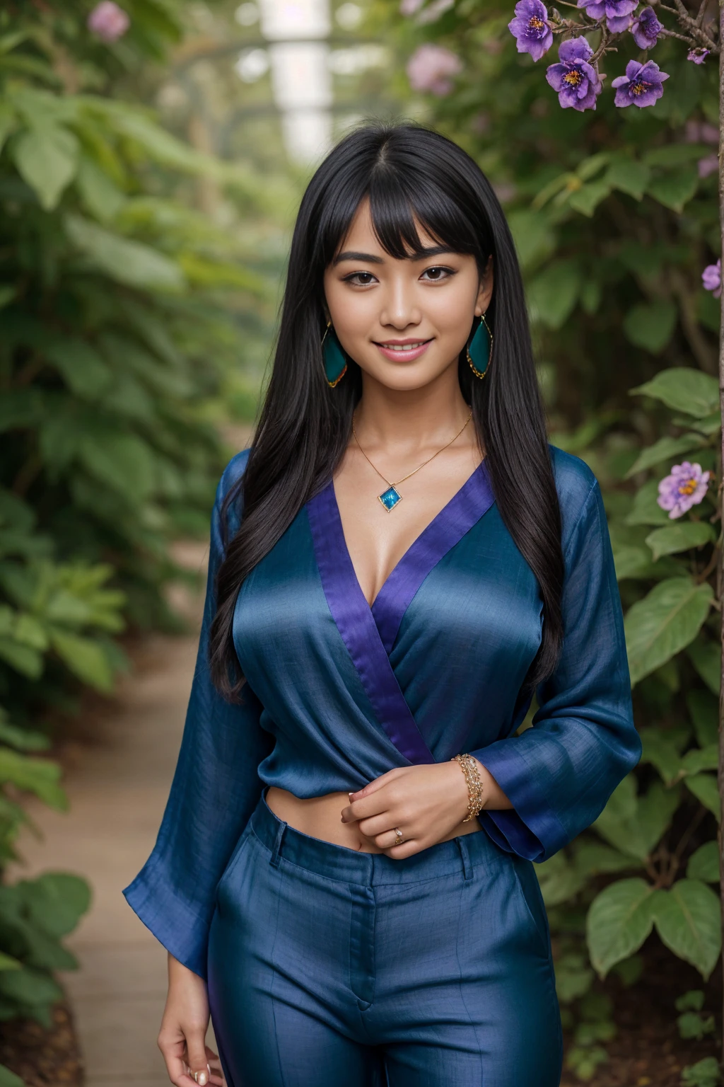 Half-length glamour portrait, nikon D850, f1.6 lens, 200mm, DSLR, 22 Megapixels, (((Botanical garden with exotic flowers scene))), shot of a stunning 19 years old korean girl, (smile:1.4), (wearing Lapis blue satin blouse with electric purple wide linen trousers:1.6), ((seductive pose)), hot girl, (((big natural breasts))), (((black fringe hair))), (small girl), symmetrical face, photorealistic, photography, (bright natural lighting), gorgeous, deep cleavage, (masterpiece), best quality, high resolution, extremely detailed, cinematic lighting, (((very narrow waist))), rich colors, hyper realistic, lifelike texture, ((jewelry)), (((She has beautiful hands and wears rings))), (bracelet), (necklace), (ankle chain), (nail polish) (earrings), Fuji Superia 200, 8k
