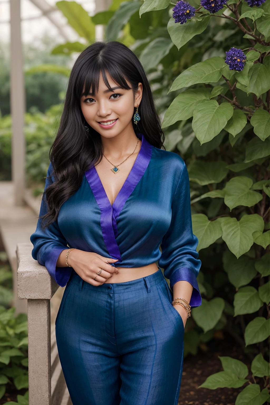 Half-length glamour portrait, nikon D850, f1.6 lens, 200mm, DSLR, 22 Megapixels, (((Botanical garden with exotic flowers scene))), shot of a stunning 19 years old korean girl, (smile:1.4), (wearing Lapis blue satin blouse with electric purple wide linen trousers:1.6), ((seductive pose)), hot girl, (((big natural breasts))), (((black fringe hair))), (small girl), symmetrical face, photorealistic, photography, (bright natural lighting), gorgeous, deep cleavage, (masterpiece), best quality, high resolution, extremely detailed, cinematic lighting, (((very narrow waist))), rich colors, hyper realistic, lifelike texture, ((jewelry)), (((She has beautiful hands and wears rings))), (bracelet), (necklace), (ankle chain), (nail polish) (earrings), Fuji Superia 200, 8k
