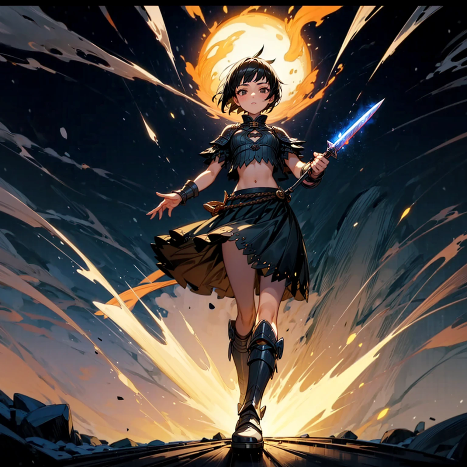 1girl, Full body version, 1character, girl version, black eyes color, short haircut, black colour hair, Ancient Roman style clothing, long skirt, ling boots, small armor body, Grassroots, background in snow, motion blur, (one piece style art), snow, knife in hand, standing gesture, fire, lighting knife, smoke effect, aura effect, lighting moon, Moonlight, fire aura, snow, blue lightning, Silhouette, knife light silhouette, moon 