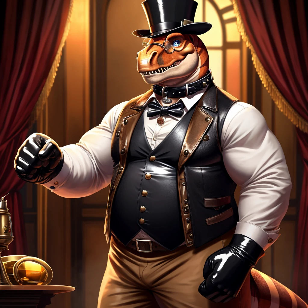 Solo, Male, fat, extremely obese, gentleman, dapper Professor Dinosaur, blue eyes, (posing:1.3), (soft shading), 4k, hi res, ((detailed face, detailed)), looking at viewer, mouth wide open, steampunk, collared shirt with buttons, top hat, male focus, Explorer Outfit, glasses, monocle, vest with buttons, sleeves rolled up, round eyewear, brown headwear, brown vest, Dinosaur is wearing a glossy leather dog collar around the neck, Dinosaur is wearing the leather collar and shirt and vest at the same time, Dinosaur is wearing glossy white rubber gloves on the hands, wearing white rubber gloves on the feet, gloves are rubber in texture, clenching teeth, clenching fists, leather collar is glossy and shiny with a lot of detail, Dinosaur is wearing gloves and leather collar at the same time, leather collar has a round dog-tag, leather collar is thick and detailed, leather collar is glossy and shiny, fancy clothing, dapper vest, dapper shirt, leather collar is thick, glossy leather collar.
