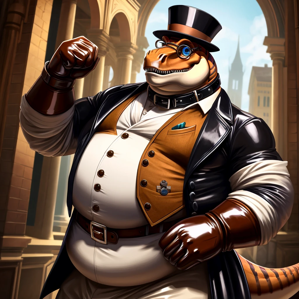 Solo, Male, fat, extremely obese, gentleman, dapper Professor Dinosaur, blue eyes, (posing:1.3), (soft shading), 4k, hi res, ((detailed face, detailed)), looking at viewer, mouth wide open, steampunk, collared shirt with buttons, top hat, male focus, Explorer Outfit, glasses, monocle, vest with buttons, sleeves rolled up, round eyewear, brown headwear, brown vest, Dinosaur is wearing a glossy leather dog collar around the neck, Dinosaur is wearing the leather collar and shirt and vest at the same time, Dinosaur is wearing glossy white rubber gloves on the hands, wearing white rubber gloves on the feet, gloves are rubber in texture, clenching teeth, clenching fists, leather collar is glossy and shiny with a lot of detail, Dinosaur is wearing gloves and leather collar at the same time, leather collar has a round dog-tag, leather collar is thick and detailed, leather collar is glossy and shiny, fancy clothing, dapper vest, dapper shirt, leather collar is thick, glossy leather collar.