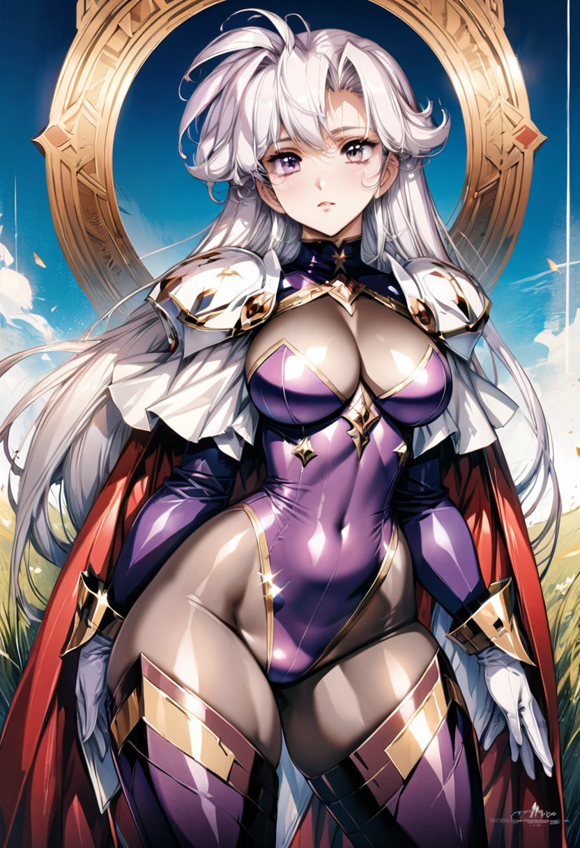 ((highest quality)), ((masterpiece)), ((hyperrealistic)), (detailed background), 1girl, ((curvy: 1.2)), ((Sparkling sequin purple lame leotard: 1.3)), ((catsuit)), (long skirt dress), cloak de cour, gauntlet, gloves, white hair, ahoge, (large breasts), (see-through cleavage cutout), (zettai ryouiki armored thigh high boots), (pantyhose thighs), (pantyhose groin area), beautiful eyes, perfect face, Perfect hands, perfect fingers, Blue sky and grassland,