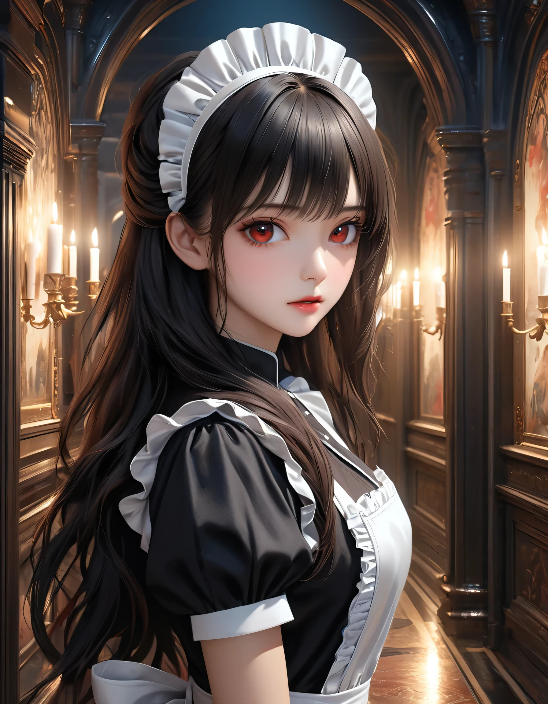 high quality, detailed, Realistic,(25 years old beautiful maid), (detailed dark red eyes), (black long hair),large beasts,(shiny skin),dark night palace corridor, candle,best quality,4k,8k,highres,masterpiece:1.2),ultra-detailed,(realistic,photorealistic,photo-realistic:1.37), looking at viewer,