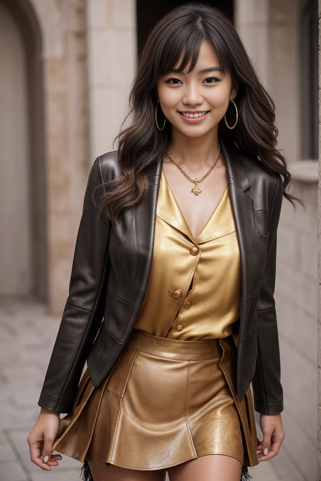 Half-length glamour portrait, nikon D850, f1.6 lens, 200mm, DSLR, 22 Megapixels, (((Castle scene))), shot of a stunning 19 years old korean girl, (smile:1.4), (wearing medium gray leather skirt with golden brown silk blouse and matching blazer:1.6), ((seductive pose)), hot girl, (((big natural breasts))), (((black fringe hair))), (small girl), symmetrical face, photorealistic, photography, (bright natural lighting), gorgeous, deep cleavage, (masterpiece), best quality, high resolution, extremely detailed, cinematic lighting, (((very narrow waist))), rich colors, hyper realistic, lifelike texture, ((jewelry)), (((She has beautiful hands and wears rings))), (bracelet), (necklace), (ankle chain), (nail polish) (earrings), Fuji Superia 200, 8k
