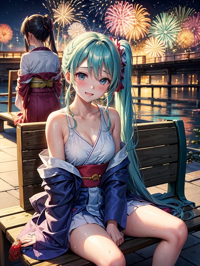 (highest quality)), ((masterpiece)), (family friendly), Perfect Face,Shiny skin,Beautiful breasts,Shiny skin、Kyoto Animation style painting、Hair、Sunburned skin、night、Hatsune Miku、(((2 girls)))、(((firework)))、(((night)))、Sit on a bench、(((Sweat)))、
、kimono、(((カキ氷)))、smile、look up、Open your mouth、抱きしめる、服を脱ぐ