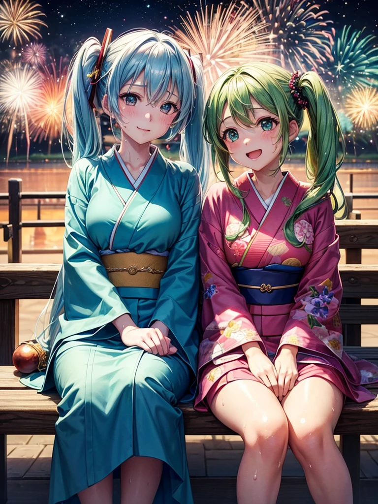 (highest quality)), ((masterpiece)), (family friendly), Perfect Face,Shiny skin,Beautiful breasts,Shiny skin、Kyoto Animation style painting、Hair、Sunburned skin、night、Hatsune Miku、(((2 girls)))、(((firework)))、(((night)))、Sit on a bench、(((Sweat)))、
、kimono、(((カキ氷)))、smile、look up、Open your mouth、抱きしめる、服を脱ぐ