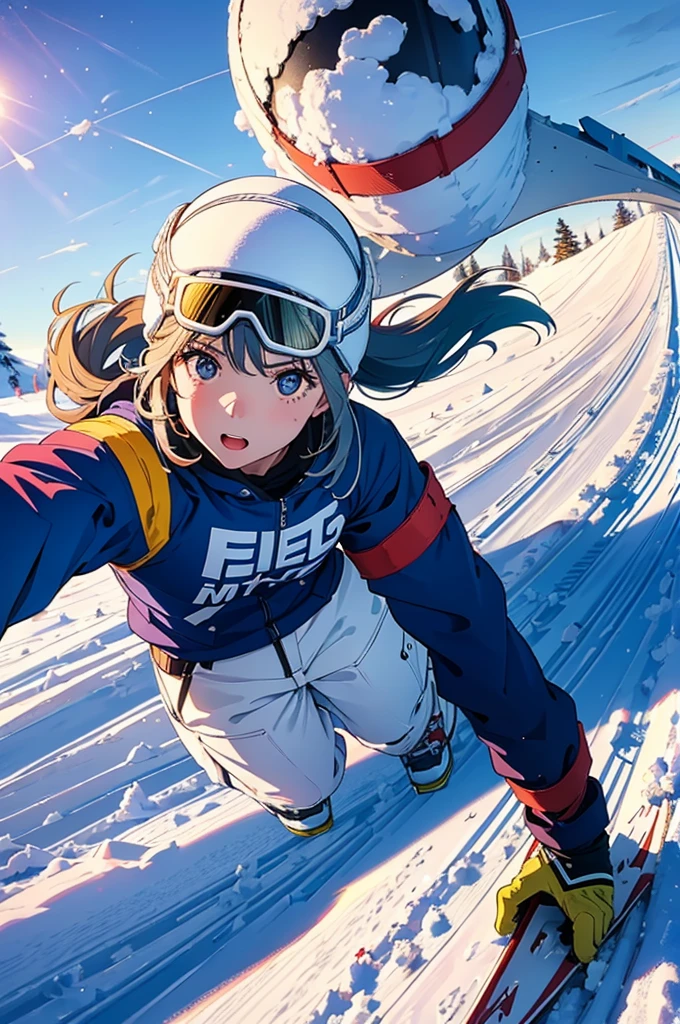1 girl,(Ski, sledge, Snow Explosion), Action Shots, Vivid colors,Light of the sun, Wide angle,Perfect Action, (end:1.3) 8K, F2.8, RAW Photos, Super detailed, Real Life,Bokeh,32k,