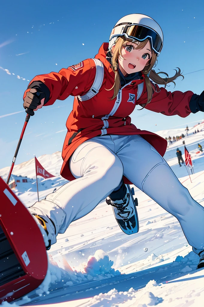 1 girl,(Ski, sledge, Snow Explosion), Action Shots, Vivid colors,Light of the sun, Wide angle,Perfect Action, (end:1.3) 8K, F2.8, RAW Photos, Super detailed, Real Life,Bokeh,32k,