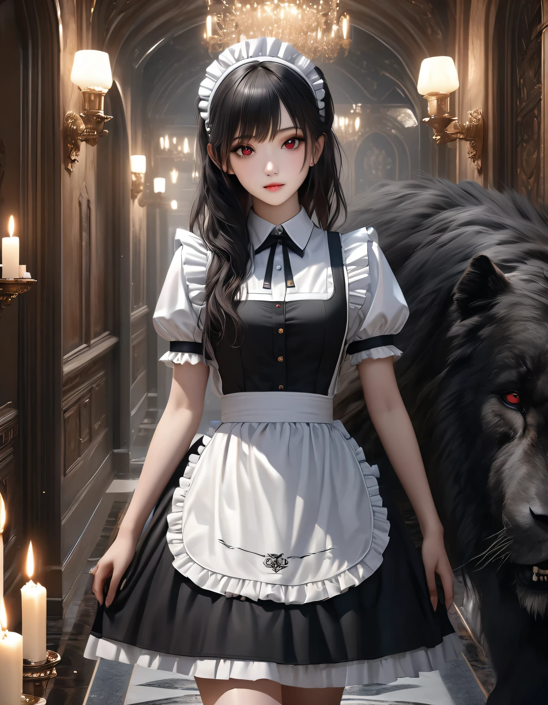 high quality, detailed, Realistic,(25 years old beautiful maid), (detailed dark red eyes), (black long hair),large beasts,(shiny skin),dark night palace corridor, candle,best quality,4k,8k,highres,masterpiece:1.2),ultra-detailed,(realistic,photorealistic,photo-realistic:1.37), looking at viewer,
