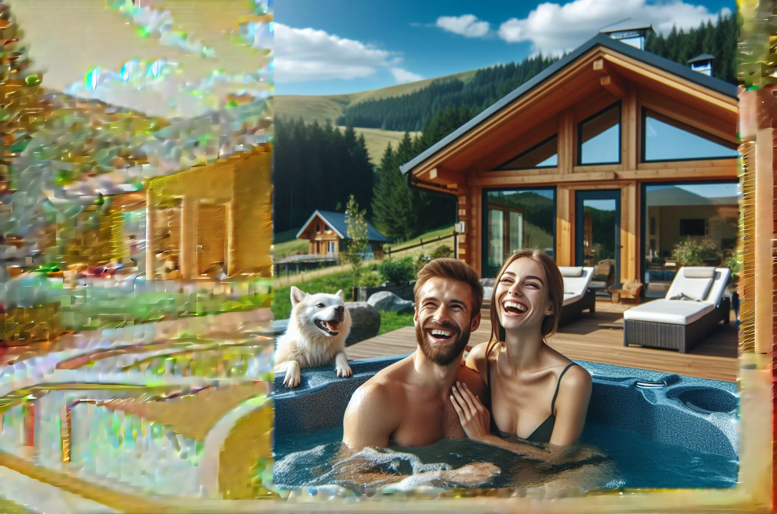happy woman and man relaxing in a whirlpool in front of a modern cottage surrounded by trees and hills in the background. Next to the whirlpool is a dog laughing at the camera. The image radiates an atmosphere of relaxation and well-being. Bright summer sunny day.