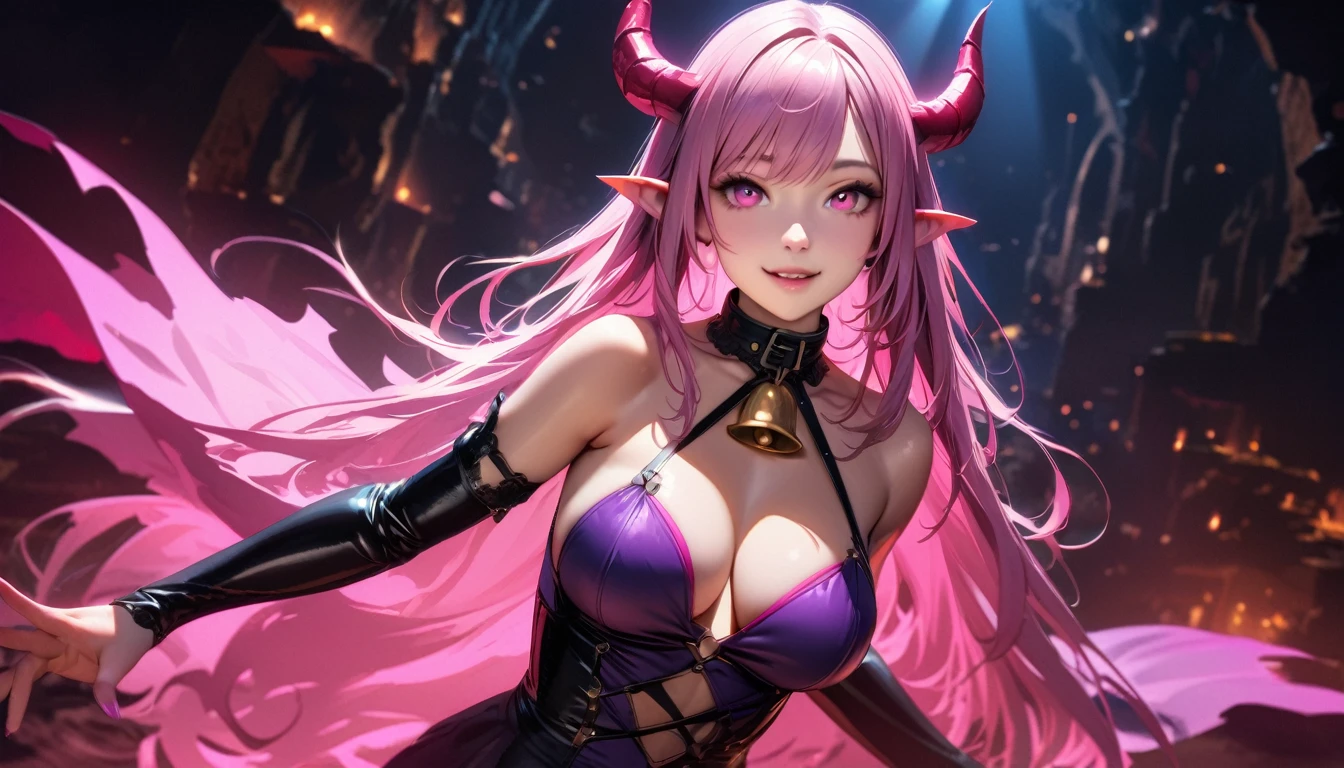 masterpiece, Best quality, 1 girl,photo, Studio photography, realistic:1.2, A high resolution, very detailed, perfect lighting, beautiful detailed eyes,   upper body, Black background, 1 girl, aboutдин, Looking at the viewer,   succubus, pink hair,demon horns, pointed ears, pink eyes, smiling, wing capes with collar, cut off sleeves, big breasts, tie with bell,  purple strapless top, Underworld,night, , dynamic lighting, Colorful scene,Colorful scene lights,、Wide buttocks、Эффект Тиндаллаmasuter piece、top quality、Highest standards、Highest image quality、table、complex parts、A high resolution、depth of field、natural soft light、professional lighting、about, standing, very long hair, cowboy shot, brilliant, brilliant hair, (night:1.2),Dreamy, [[gentle fingers and hands:0.55]::0.85],(detailed fingers),),(emotional),(breathtaking),(main part:1.2) whole body.), (Anime Style), (Super Detailed), (brutal), (uhd, HDR), (8K), (High Resolution: 1.2), (Complex and Beautiful: 1.2)