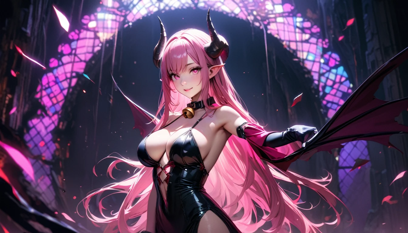 masterpiece, Best quality, 1 girl,photo, Studio photography, realistic:1.2, A high resolution, very detailed, perfect lighting, beautiful detailed eyes,   upper body, Black background, 1 girl, aboutдин, Looking at the viewer,   succubus, pink hair,demon horns, pointed ears, pink eyes, smiling, wing capes with collar, cut off sleeves, big breasts, tie with bell,  purple strapless top, Underworld,night, , dynamic lighting, Colorful scene,Colorful scene lights,、Wide buttocks、Эффект Тиндаллаmasuter piece、top quality、Highest standards、Highest image quality、table、complex parts、A high resolution、depth of field、natural soft light、professional lighting、about, standing, very long hair, cowboy shot, brilliant, brilliant hair, (night:1.2),Dreamy, [[gentle fingers and hands:0.55]::0.85],(detailed fingers),),(emotional),(breathtaking),(main part:1.2) whole body.), (Anime Style), (Super Detailed), (brutal), (uhd, HDR), (8K), (High Resolution: 1.2), (Complex and Beautiful: 1.2)