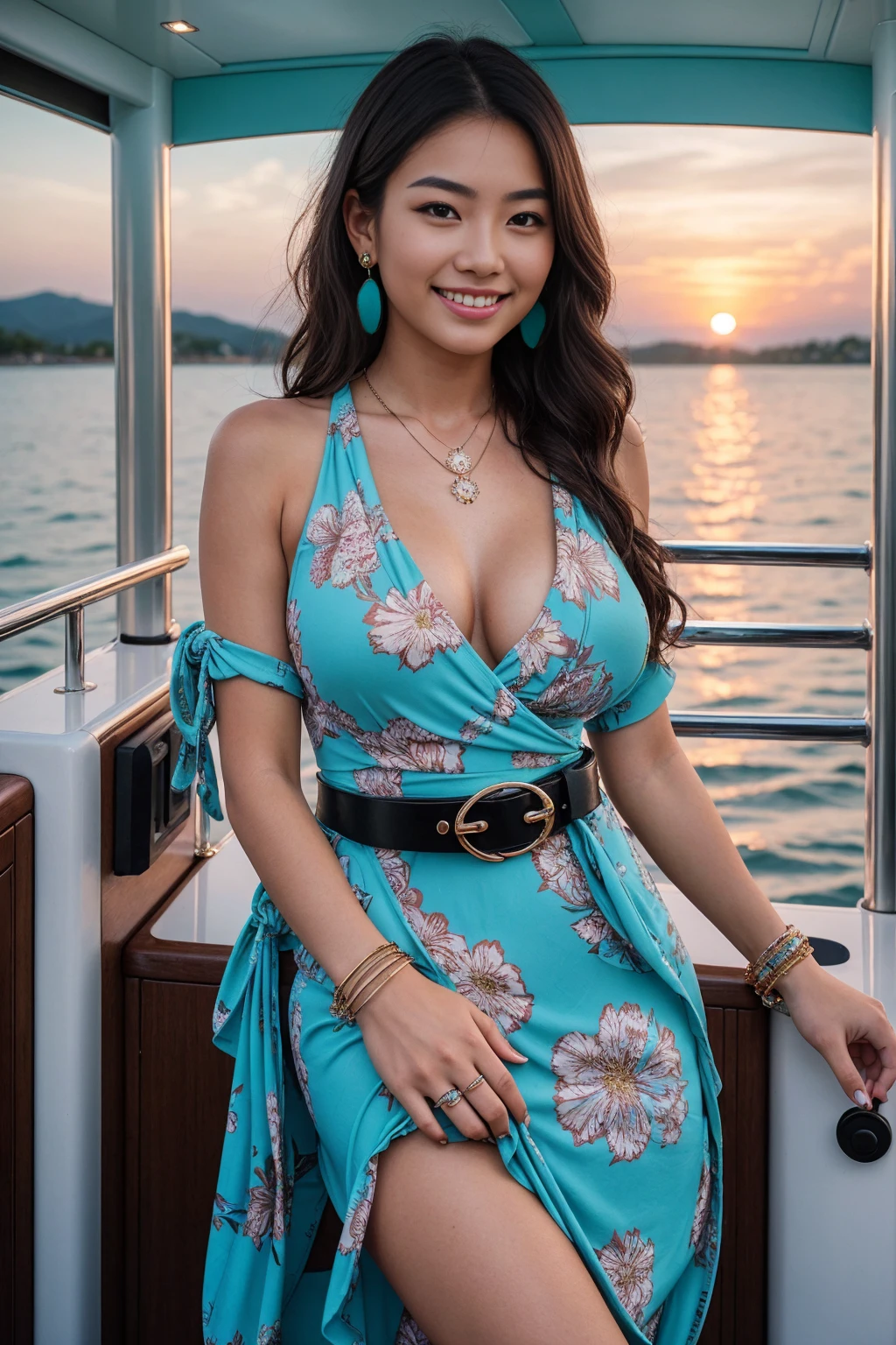 Half-length glamour portrait, nikon D850, f1.6 lens, 200mm, DSLR, 22 Megapixels, (((luxury Yacht at Sunset scene))), shot of a stunning 19 years old korean girl, (smile:1.4), (wearing Turquoise Wrap dress with floral print and belt:1.6), ((seductive pose)), hot girl, (((big natural breasts))), (((black fringe hair))), (small girl), symmetrical face, photorealistic, photography, (bright natural lighting), gorgeous, deep cleavage, (masterpiece), best quality, high resolution, extremely detailed, cinematic lighting, (((very narrow waist))), rich colors, hyper realistic, lifelike texture, ((jewelry)), (((She has beautiful hands and wears rings))), (bracelet), (necklace), (ankle chain), (nail polish) (earrings), Fuji Superia 200, 8k
