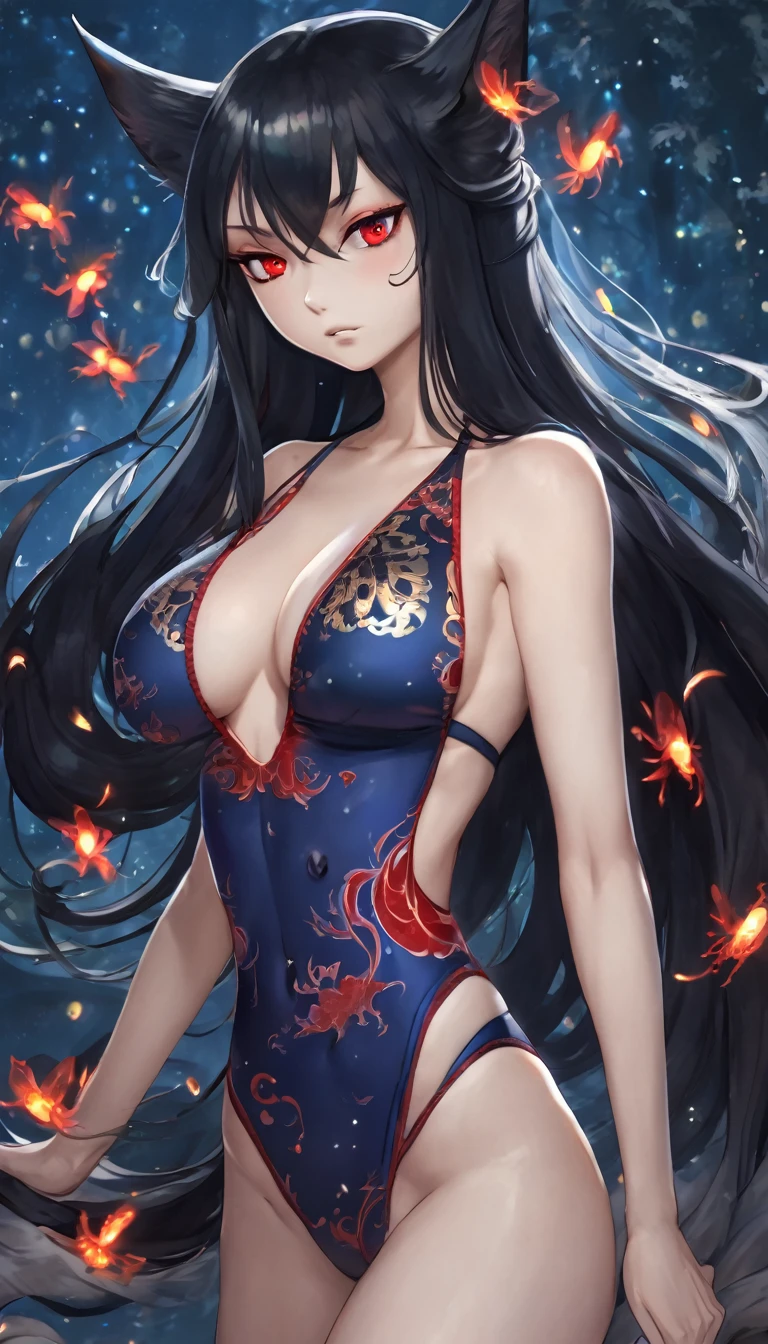 a beautiful blue and black kitsune, big breasts, long black hair, slim waist, detailed portrait, intricate details, dramatic lighting, mystical, elegant, sensual, long white tail, heterochromia (one blue eye, one red eye), His eyes would shine brightly, Surrounded by red energy fireflies, Wearing a one-piece swimsuit, covering herself up, very blushing and angry,